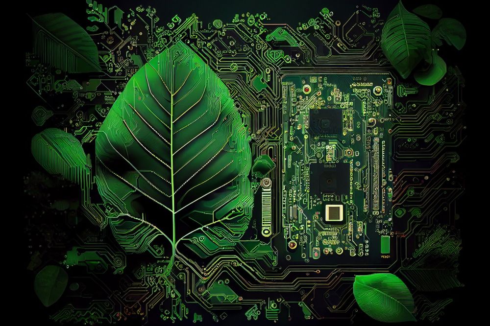 Illustration d'une carte mère ou d'un circuit imprimé recouvert de feuilles, de racines et de plantes, concept de développement durable et d'écologie verte.
