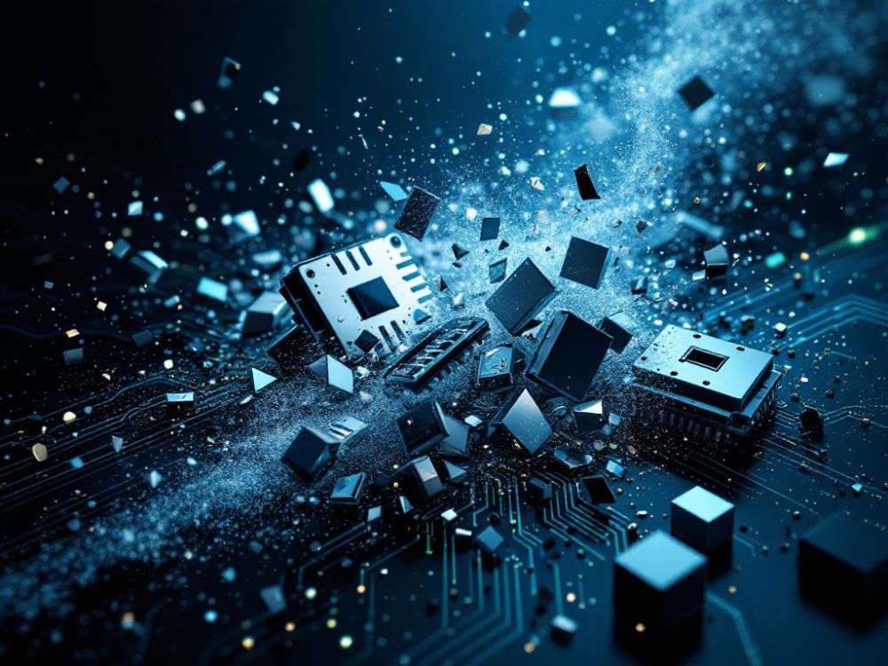 représentation abstraite et futuriste de la destruction sécurisée des supports informatiques : SSD, IoT et composants électroniques réduits en particules représentation abstraite et futuriste de la destruction sécurisée des supports informatiques : SSD, IoT et composants électroniques réduits en particules