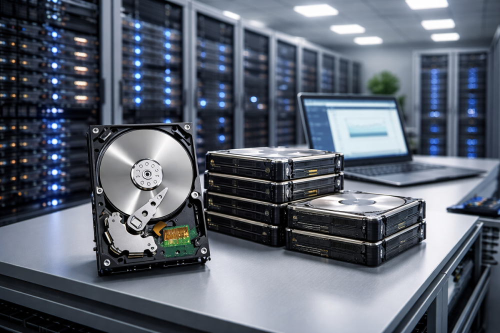 Des disques durs sur une table dans un data center
