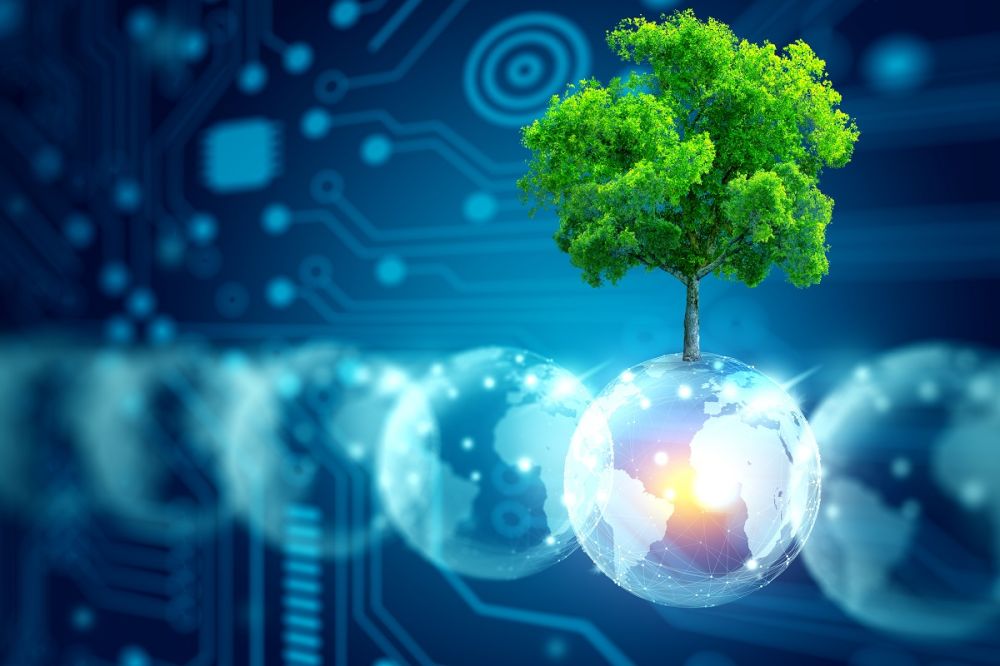 Boule de cristal avec arbre dans la nature, avec convergence num&eacute;rique et technologie en arri&egrave;re-plan