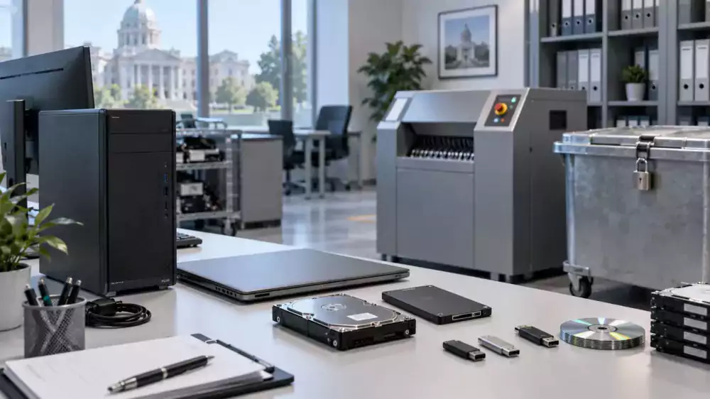Mat&eacute;riel informatique en fin de vie pr&ecirc;t &agrave; &ecirc;tre trait&eacute; de mani&egrave;re s&eacute;curis&eacute;e : ordinateurs, ordinateurs portables, disques durs, cl&eacute;s USB et CD, avec un destructeur de documents et des conteneurs de recyclage verrouill&eacute;s