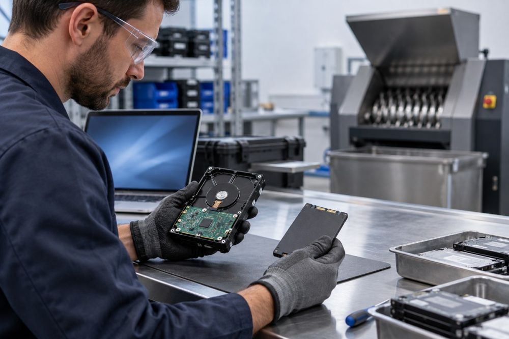 Un technicien examine un disque dur et un SSD dans un atelier &eacute;quip&eacute; d&rsquo;une machine de destruction de supports informatiques.
